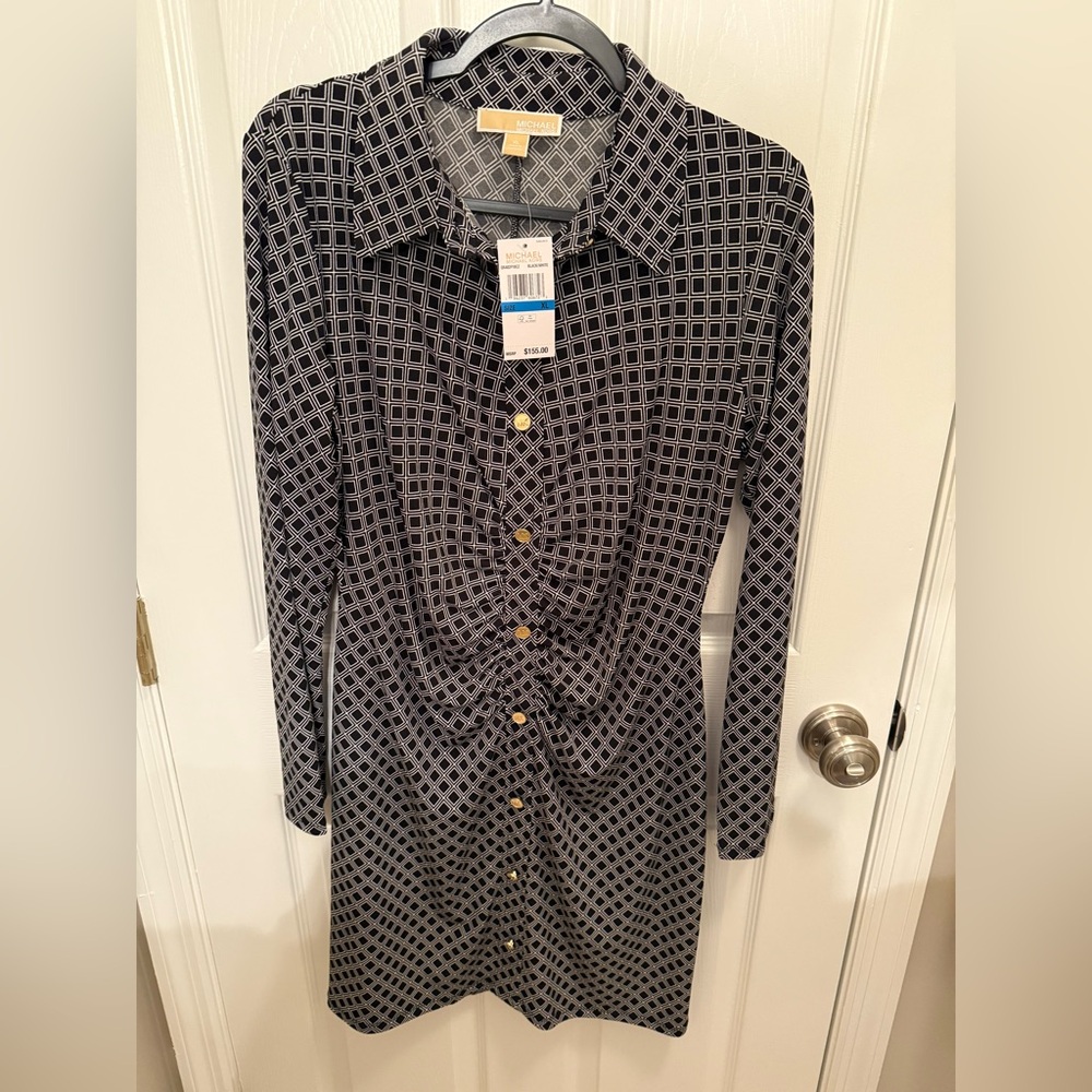 NWT Michael Kors sz XL Shirt Dress with Gold Buttons - Black/White
